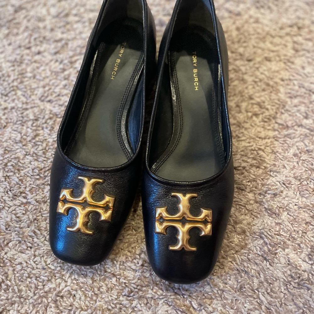 Tory Burch Black Leather Flats with Gold Logo Crest
